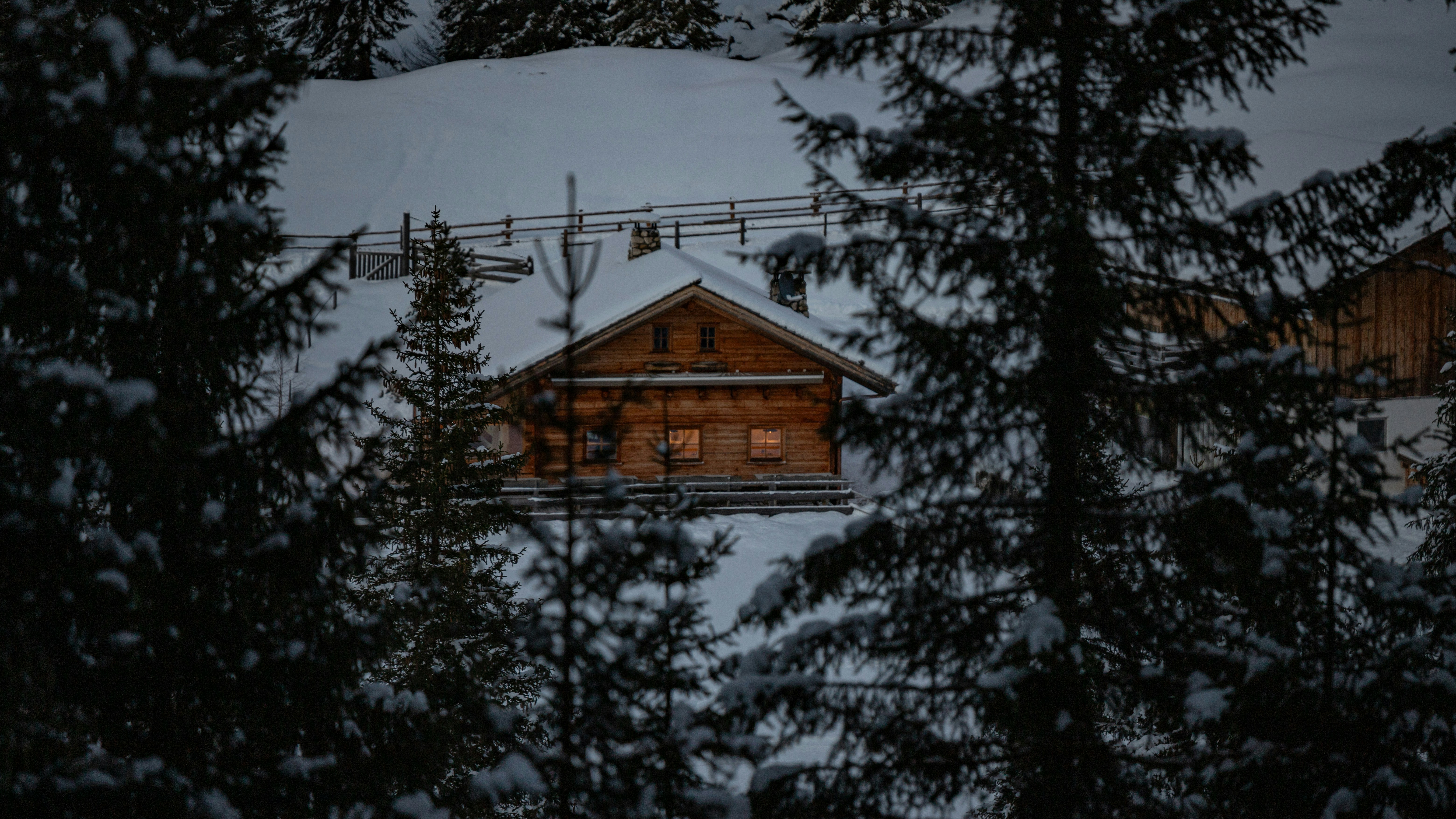Mood image: a cabin nestled in the woods at night