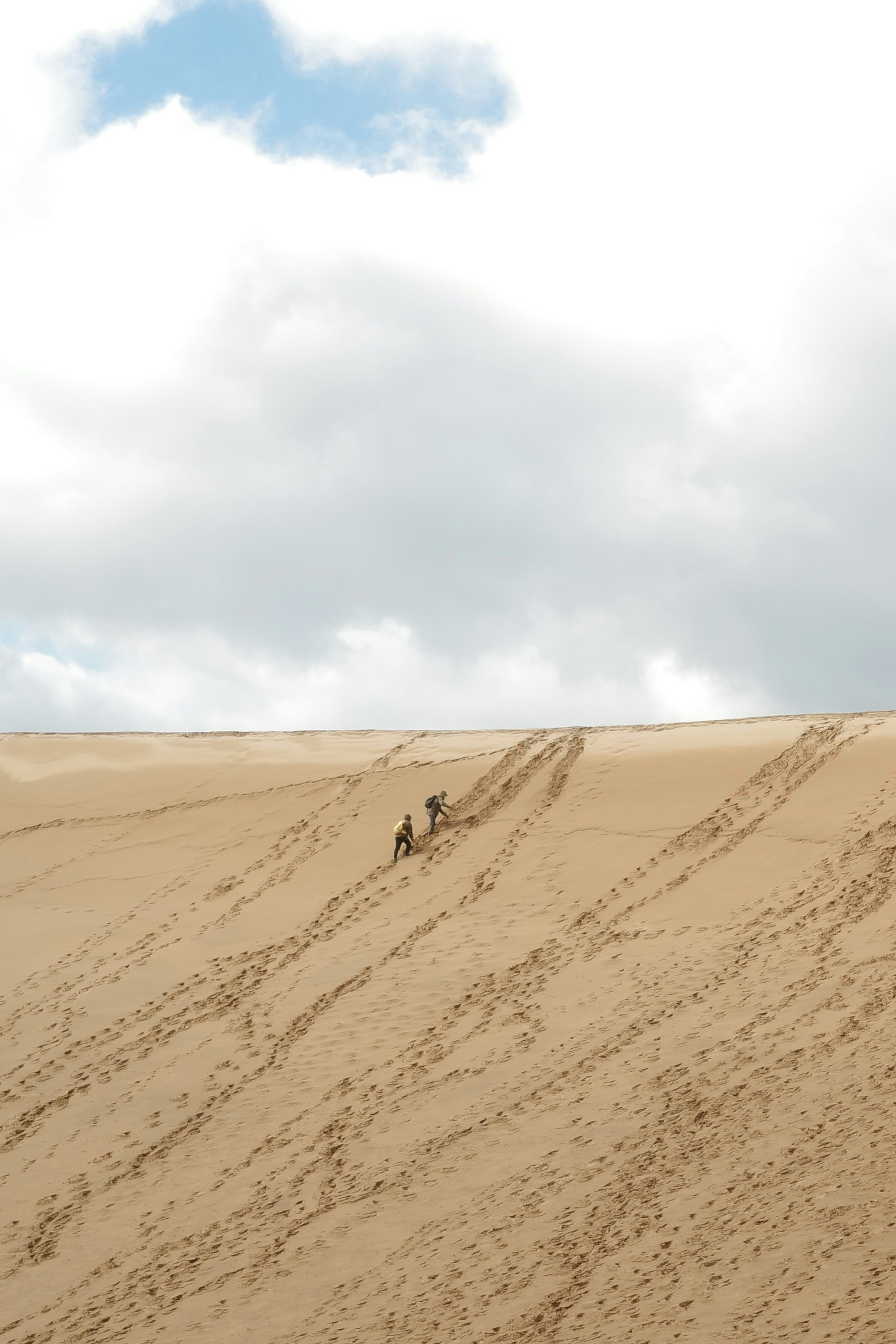 A group of people riding down a sandy hill