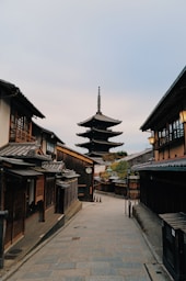 A narrow street with a pagoda in the background