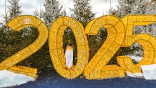 A penguin standing in front of a sign that says 205