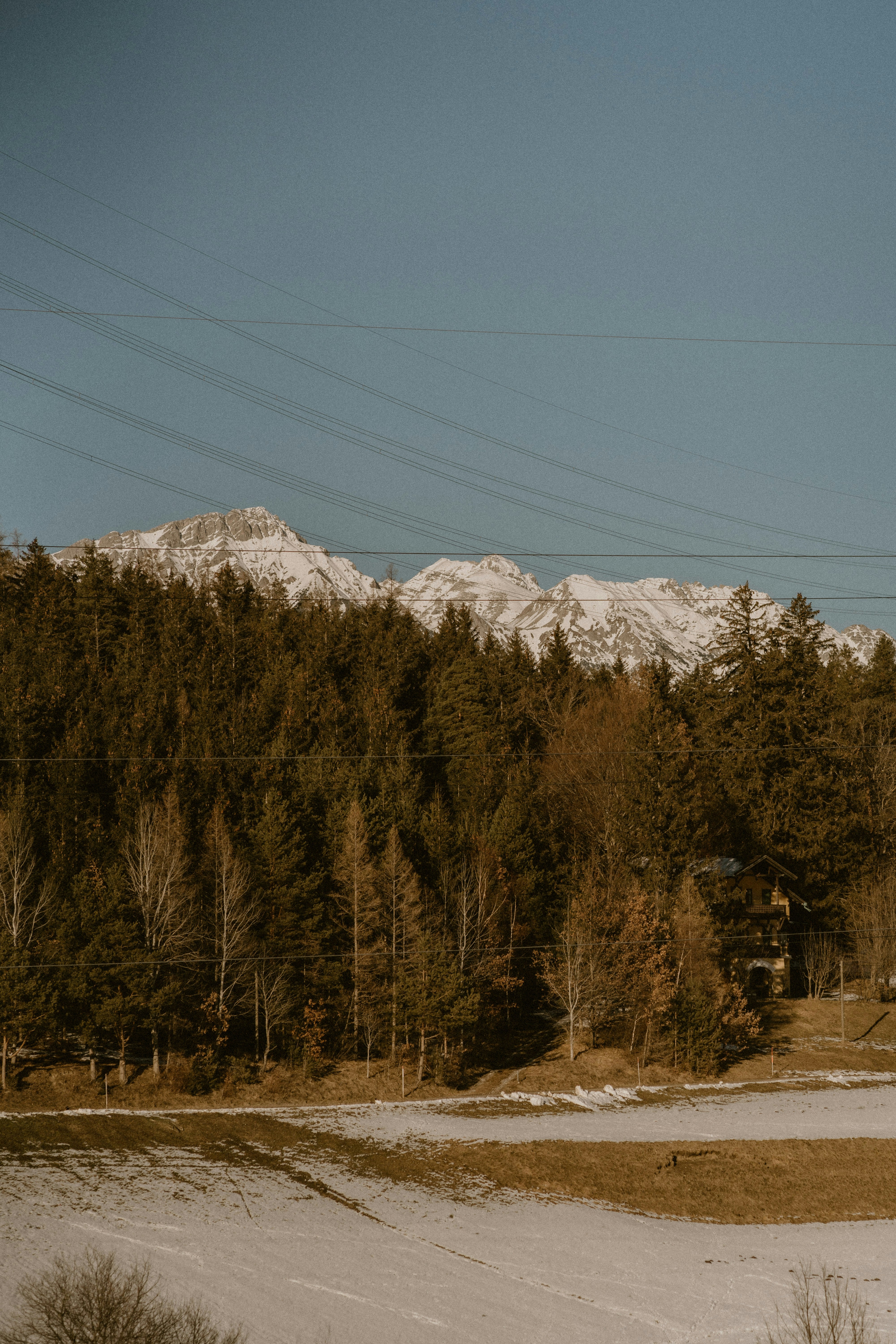 A snow covered field with a mountain in the background