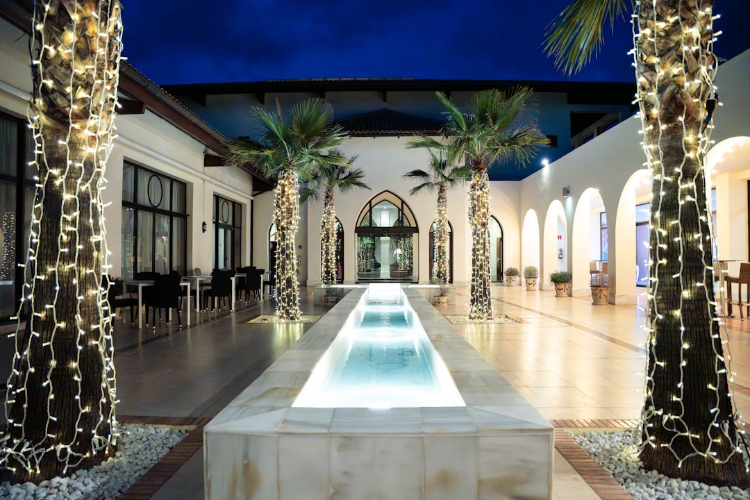 A pool surrounded by palm trees and lights