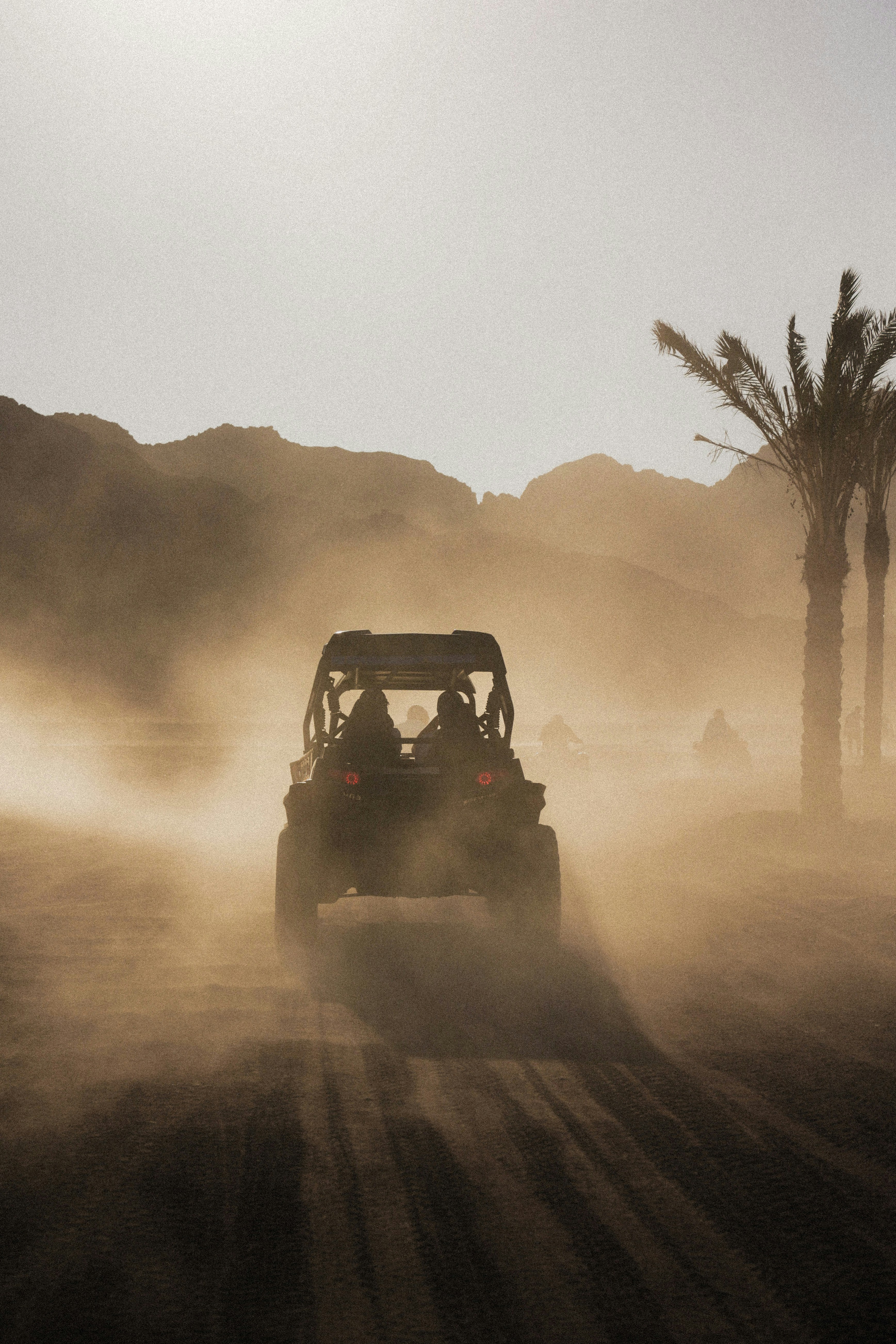 A buggy driving down a dirt road in the desert