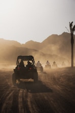 A group of people riding in a buggy on a dirt road