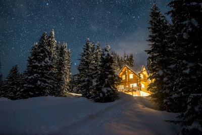 A house in the middle of a snow covered forest