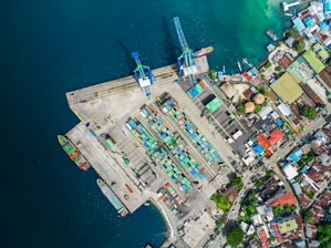 An aerial view of a city next to a body of water