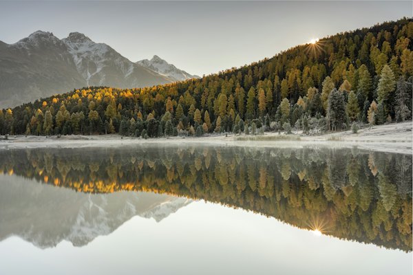 A lake surrounded by mountains and trees — St. Moritz, Switzerland