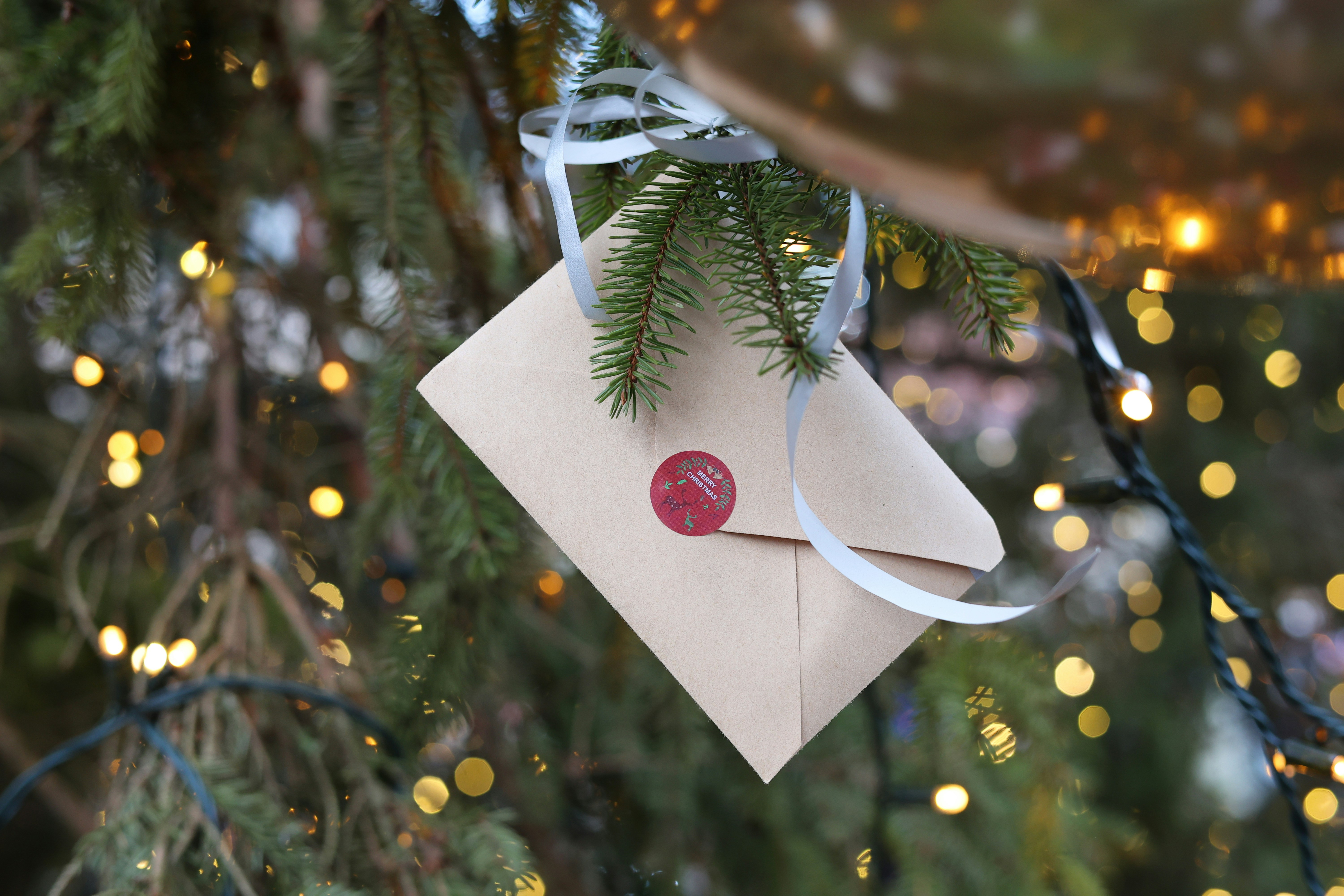 Sealed envelopes tucked into a Christmas tree