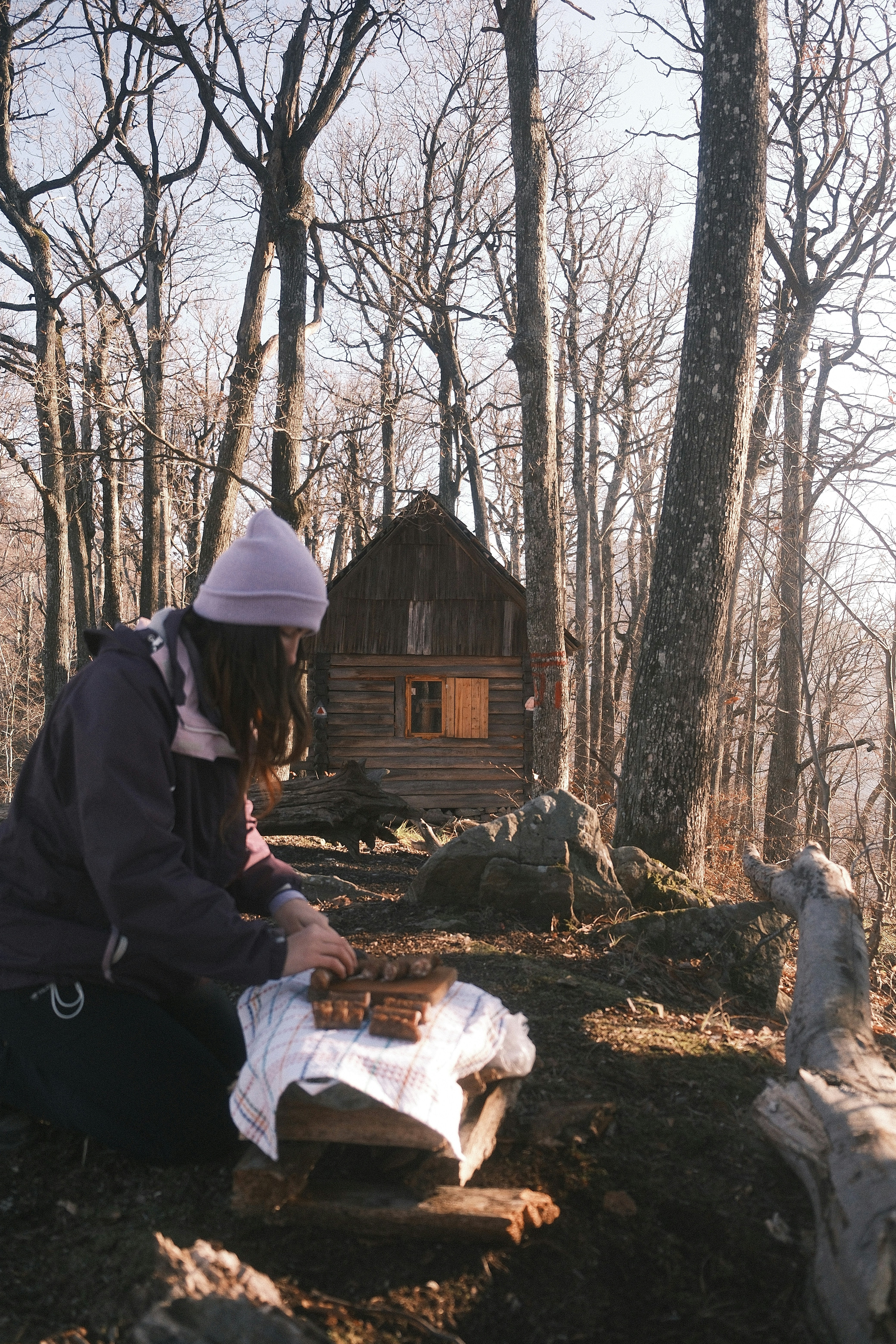A person sitting on a log in the woods