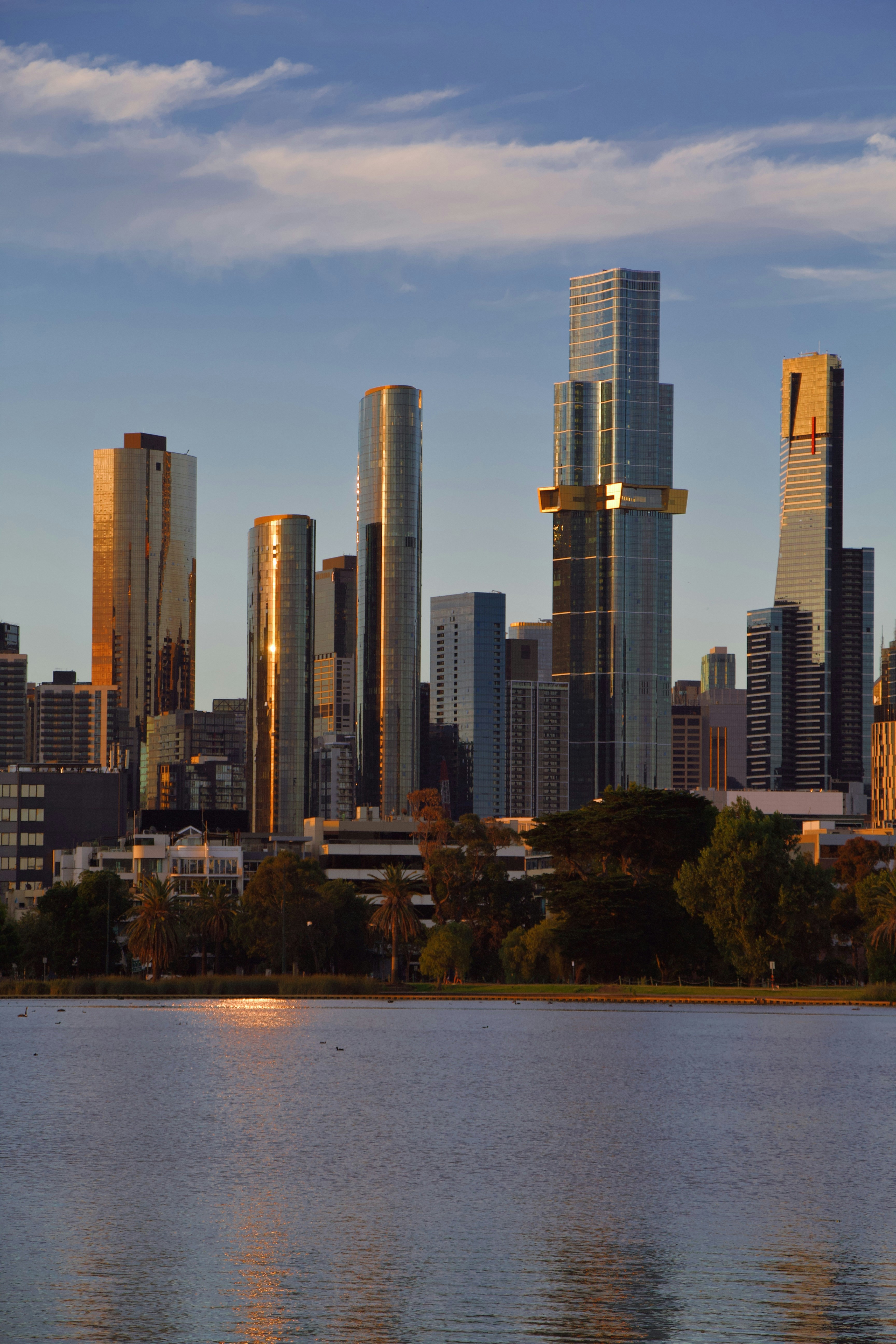 A view of a city from across a lake