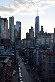 A view of a city with tall buildings