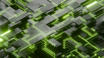 A green and black abstract background with squares and rectangles