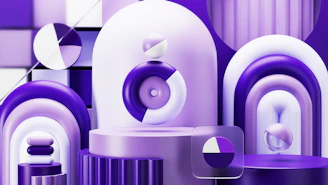 A group of purple and white objects on display