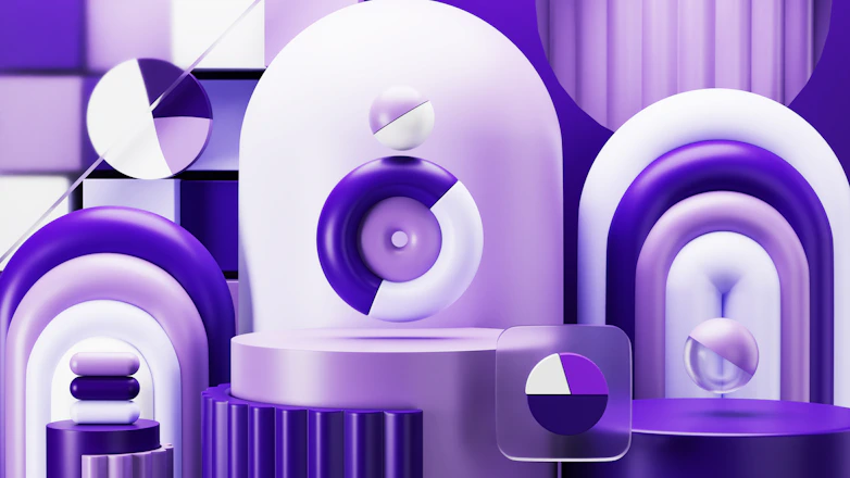 A group of purple and white objects on display