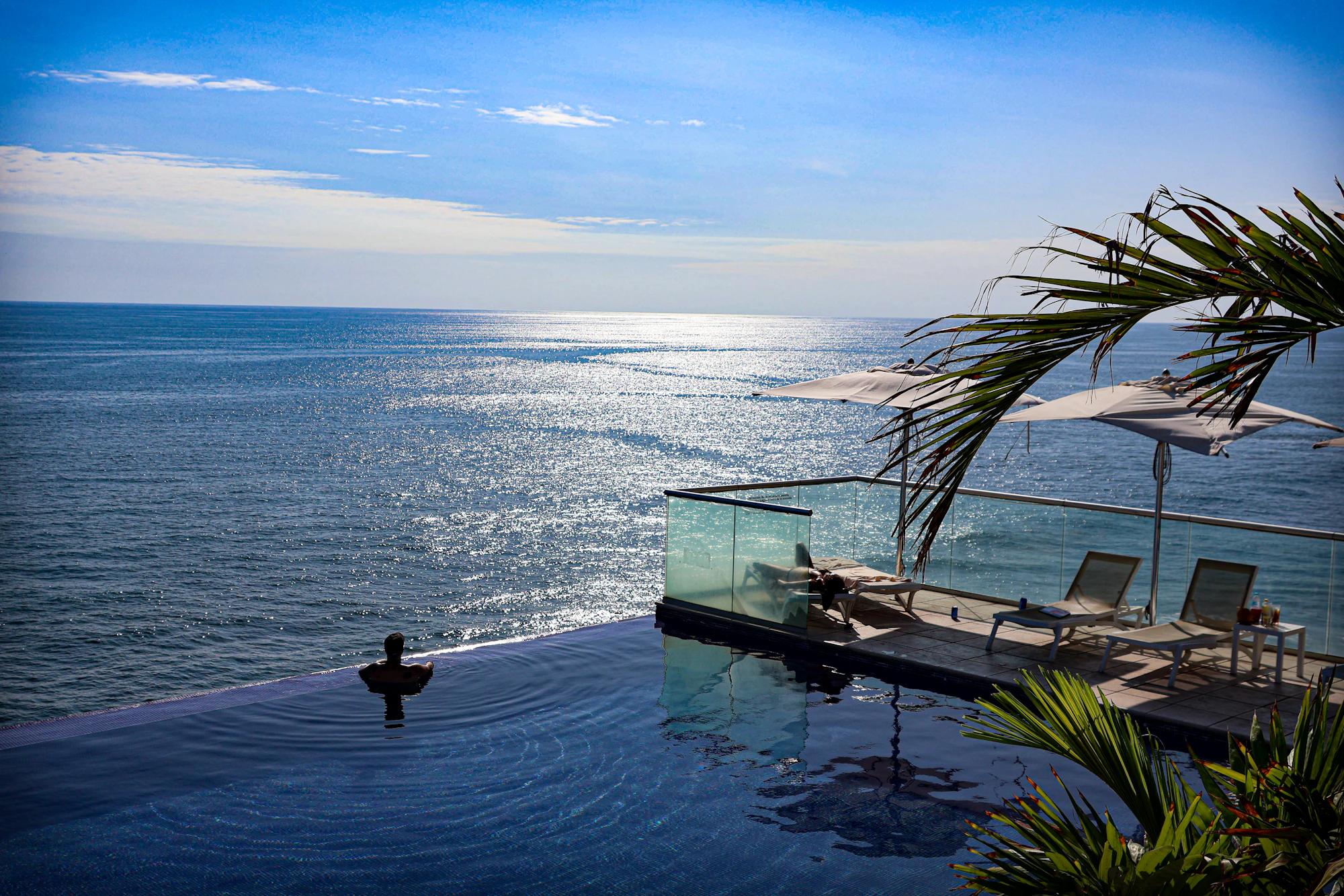A large pool beside the ocean at the edge of a finished backyard