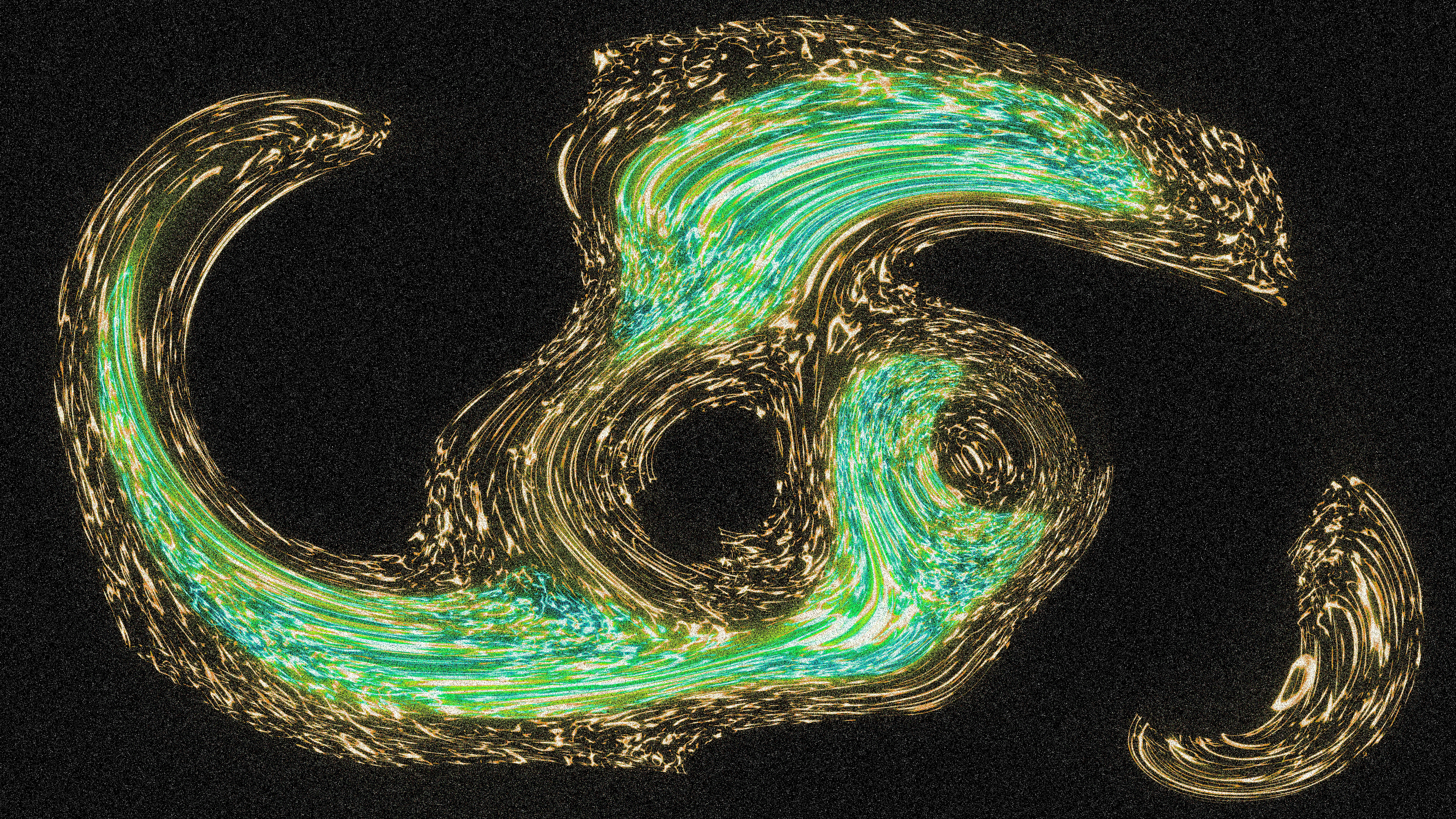 A picture of a green and yellow swirl on a black background