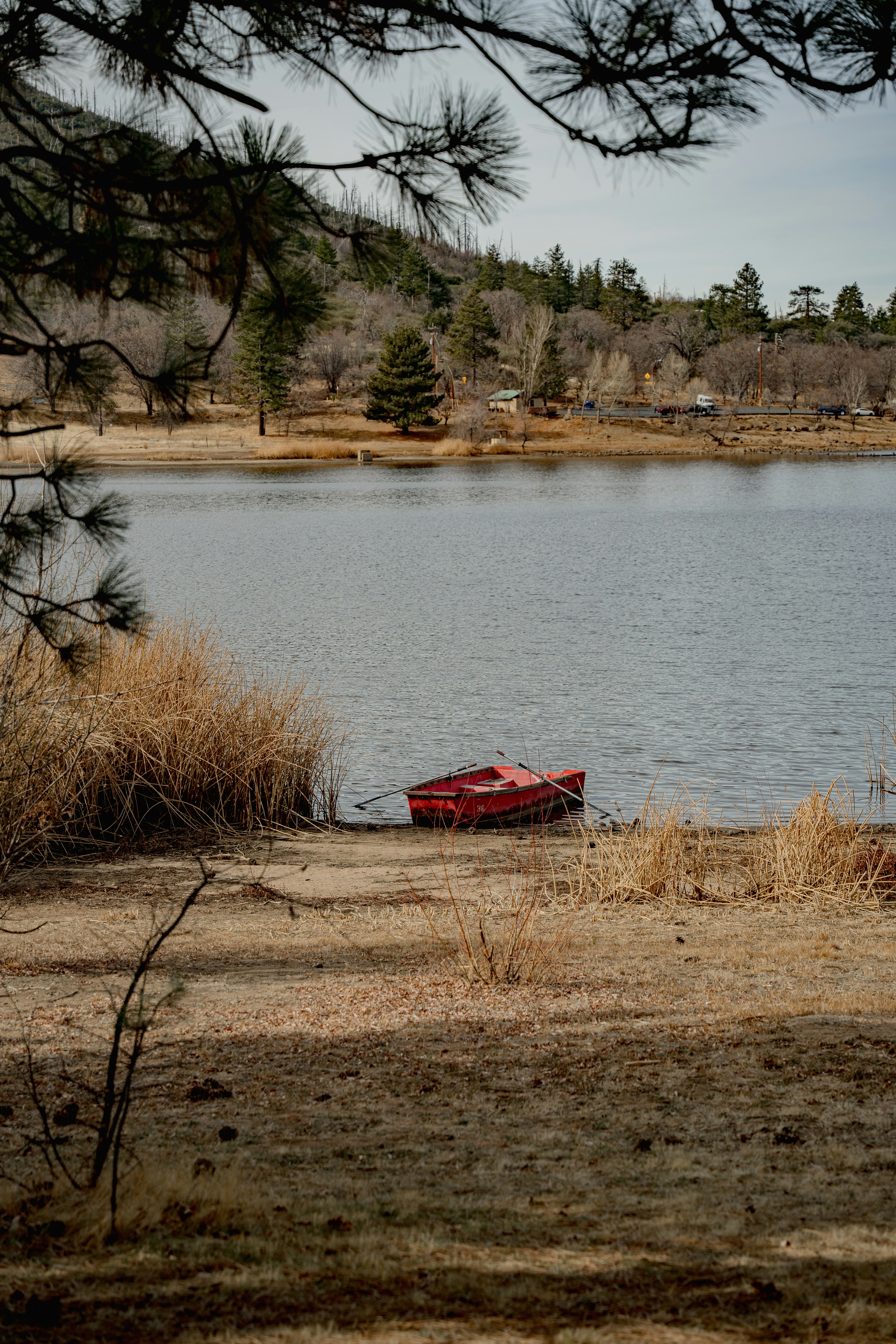 A red boat sitting on the shore of a lake