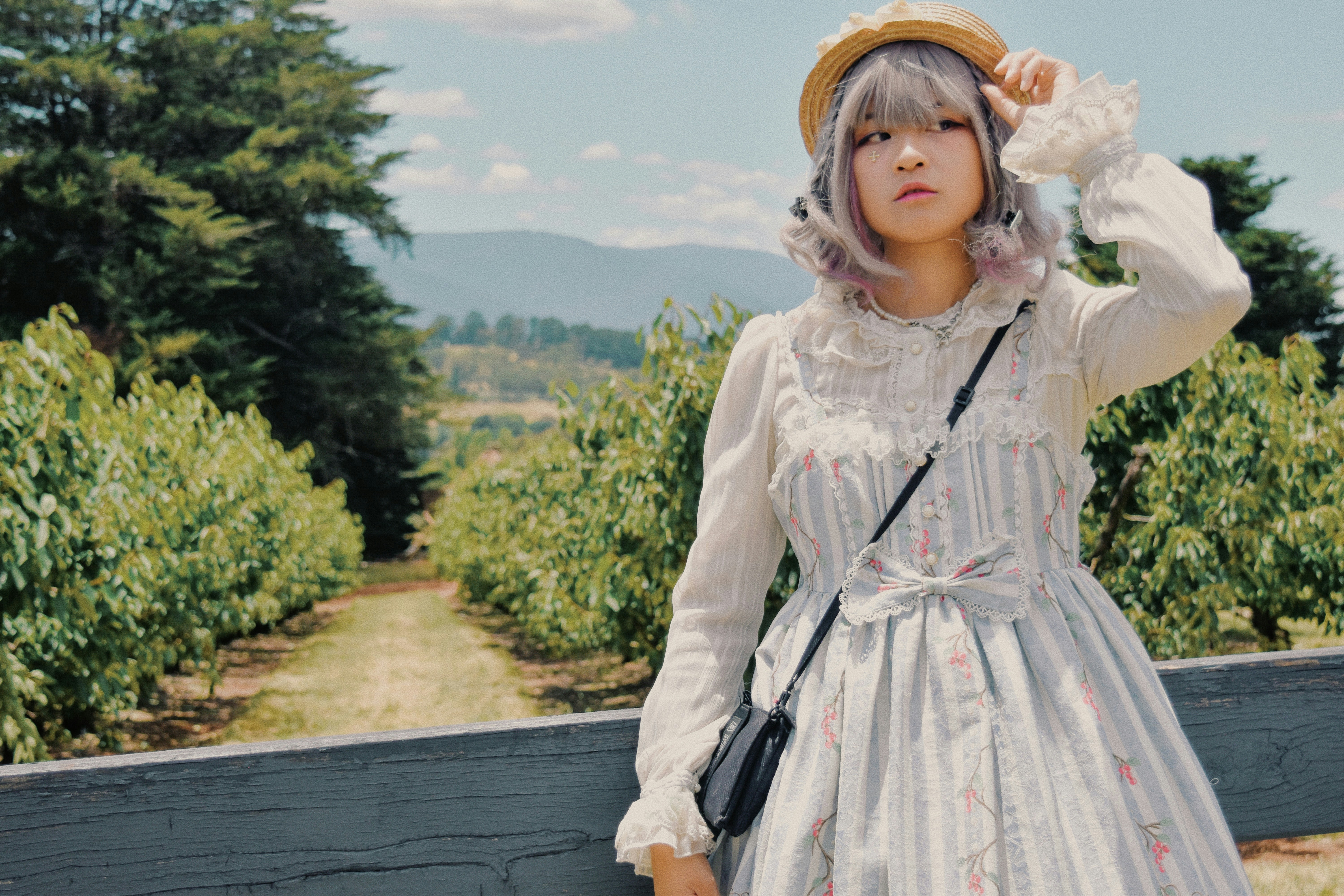 A woman in a dress and hat standing next to a fence