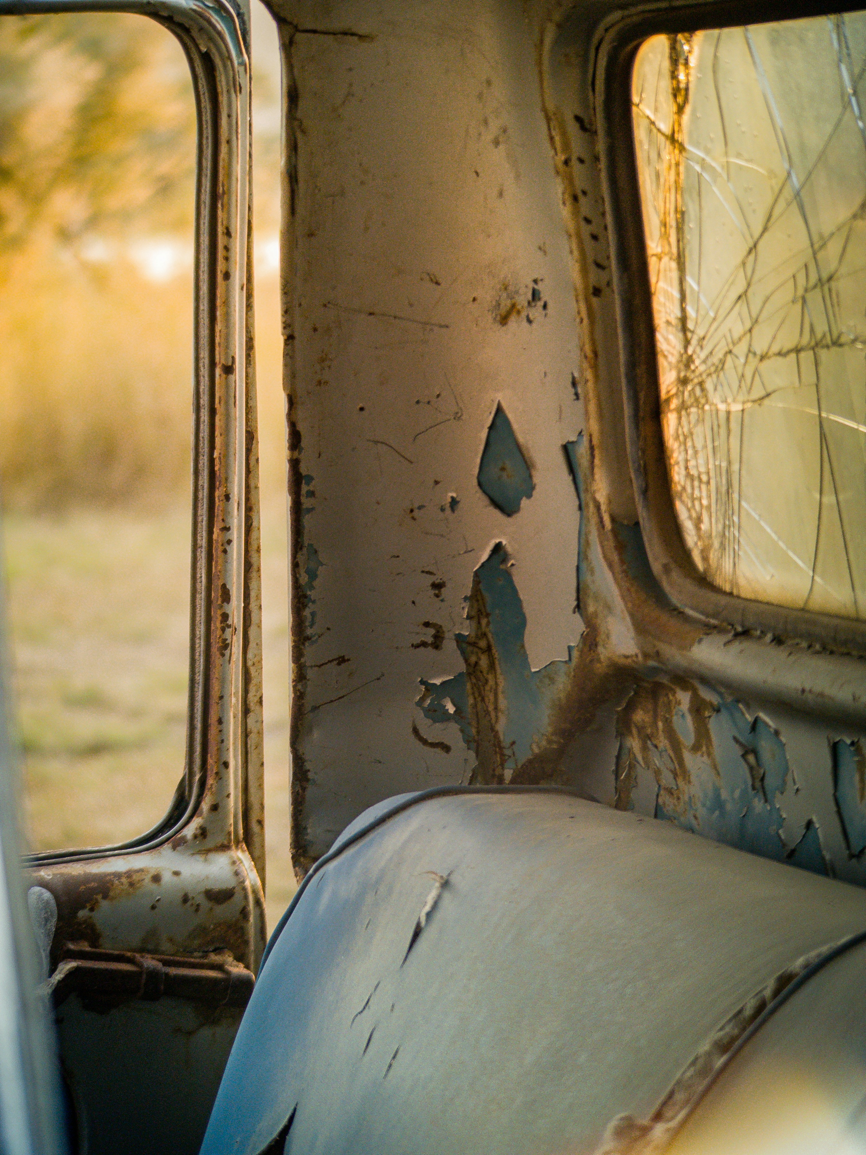 The interior of an old, run down truck