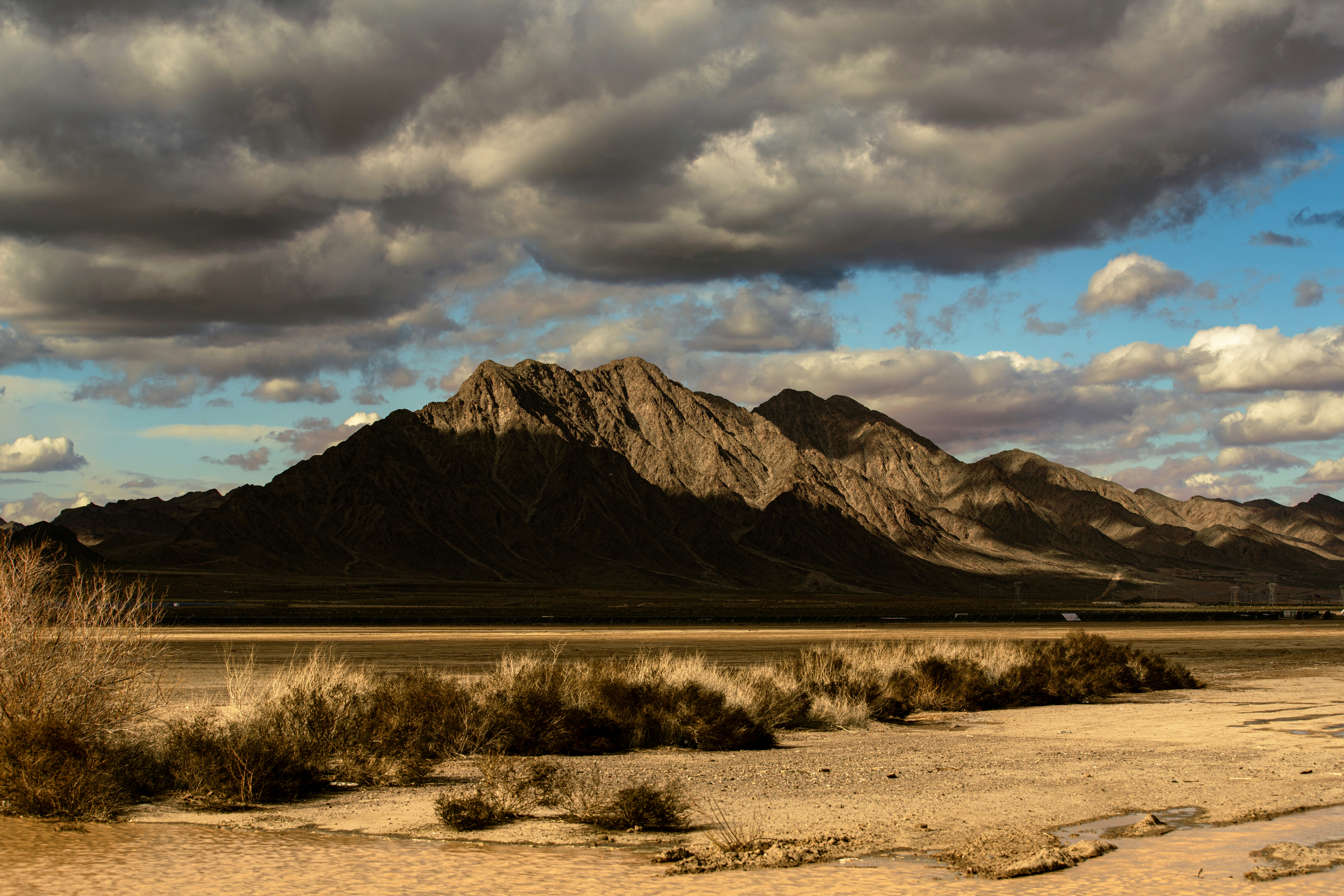 A desert landscape with mountains in the background