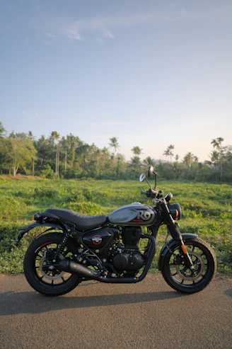 A motorcycle parked on the side of a road