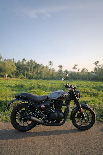 A motorcycle parked on the side of a road