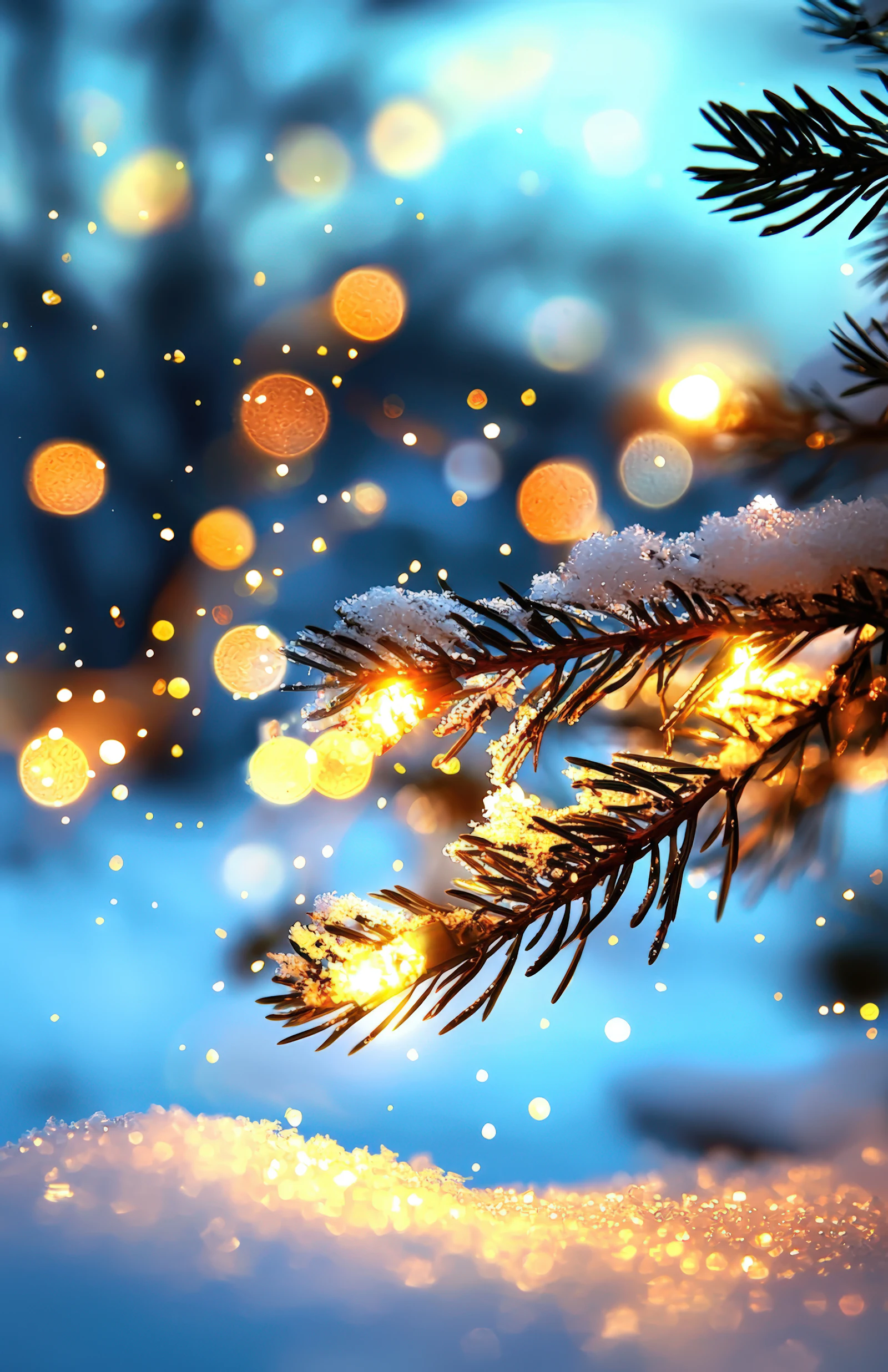 Branche de sapin enneigée avec une guirlande lumineuse — photo d'illustration, non prise à Vallorcine