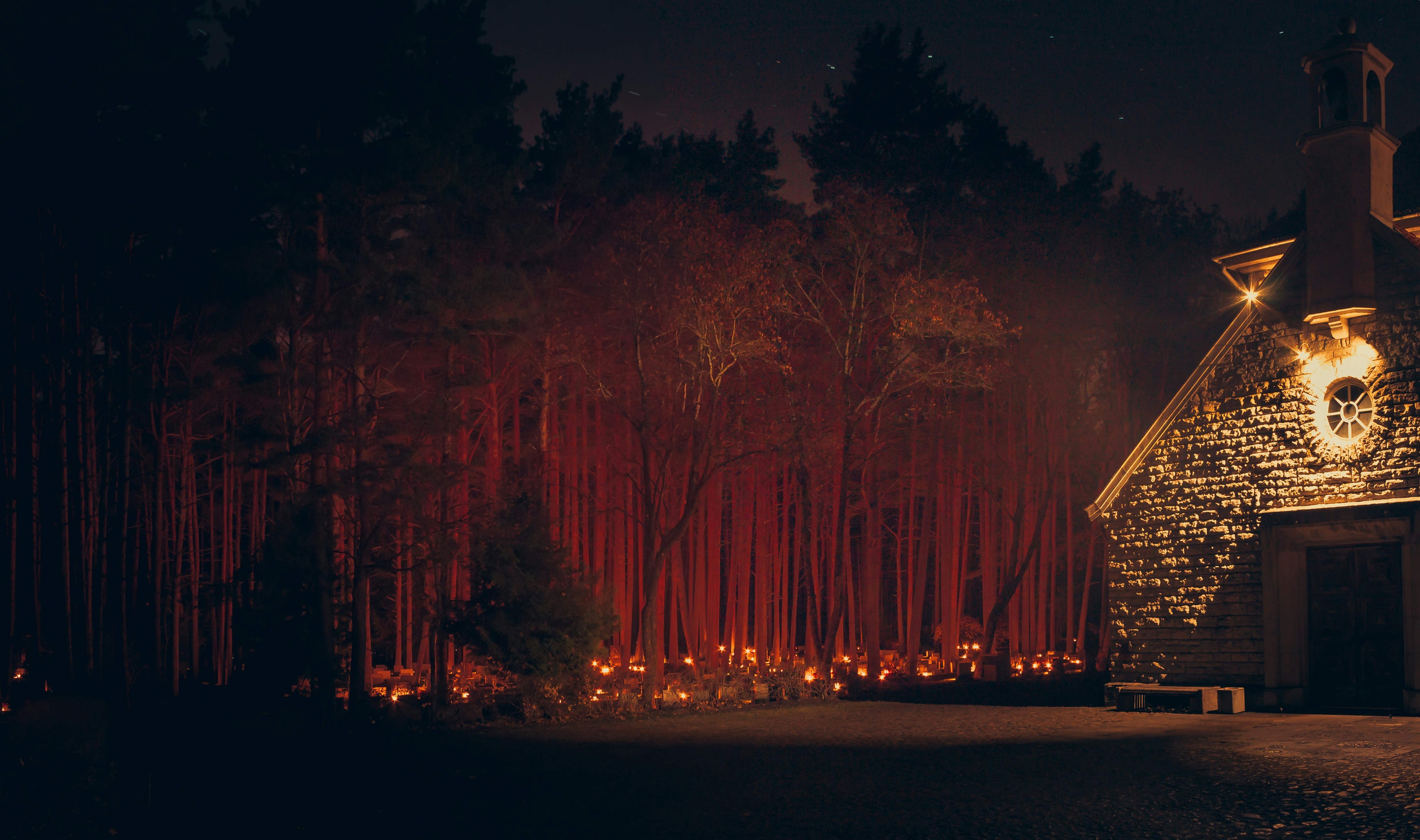 A stone building lit up at night in the woods