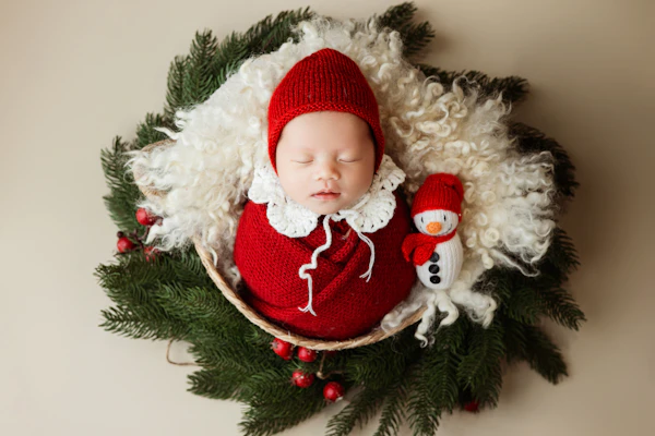 Sleeping newborn in a red knit outfit posed in an evergreen wreath