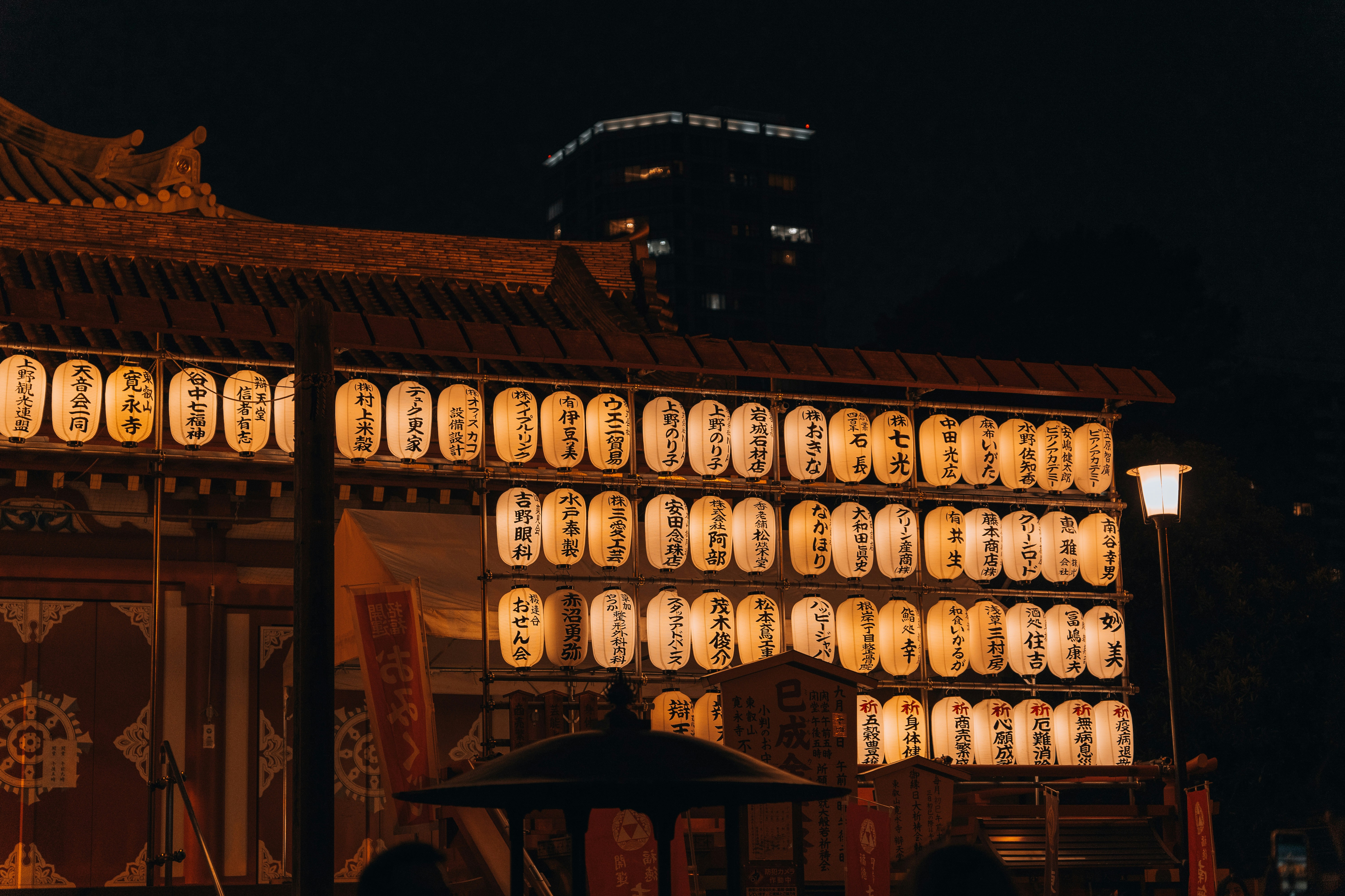 Crowd of people participating in Hatsumode at a large Japanese temple, night time with lanterns