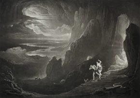 A lone figure rides through a dramatic, rocky landscape