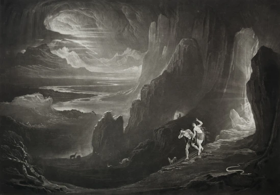 A lone figure rides through a dramatic, rocky landscape