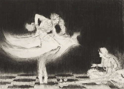Two figures in a dimly lit, abstract setting