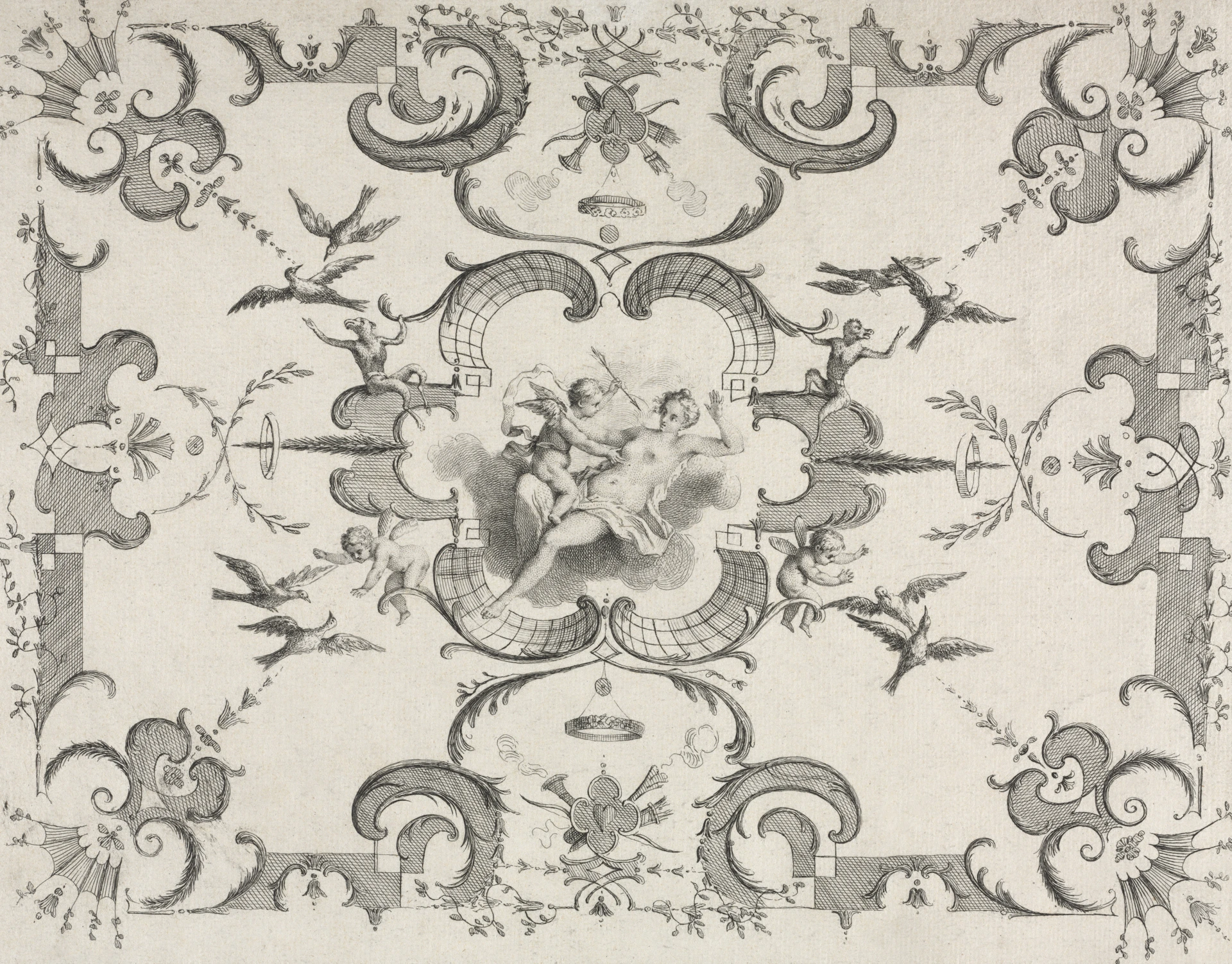 Ornate rococo design with cherubs and birds