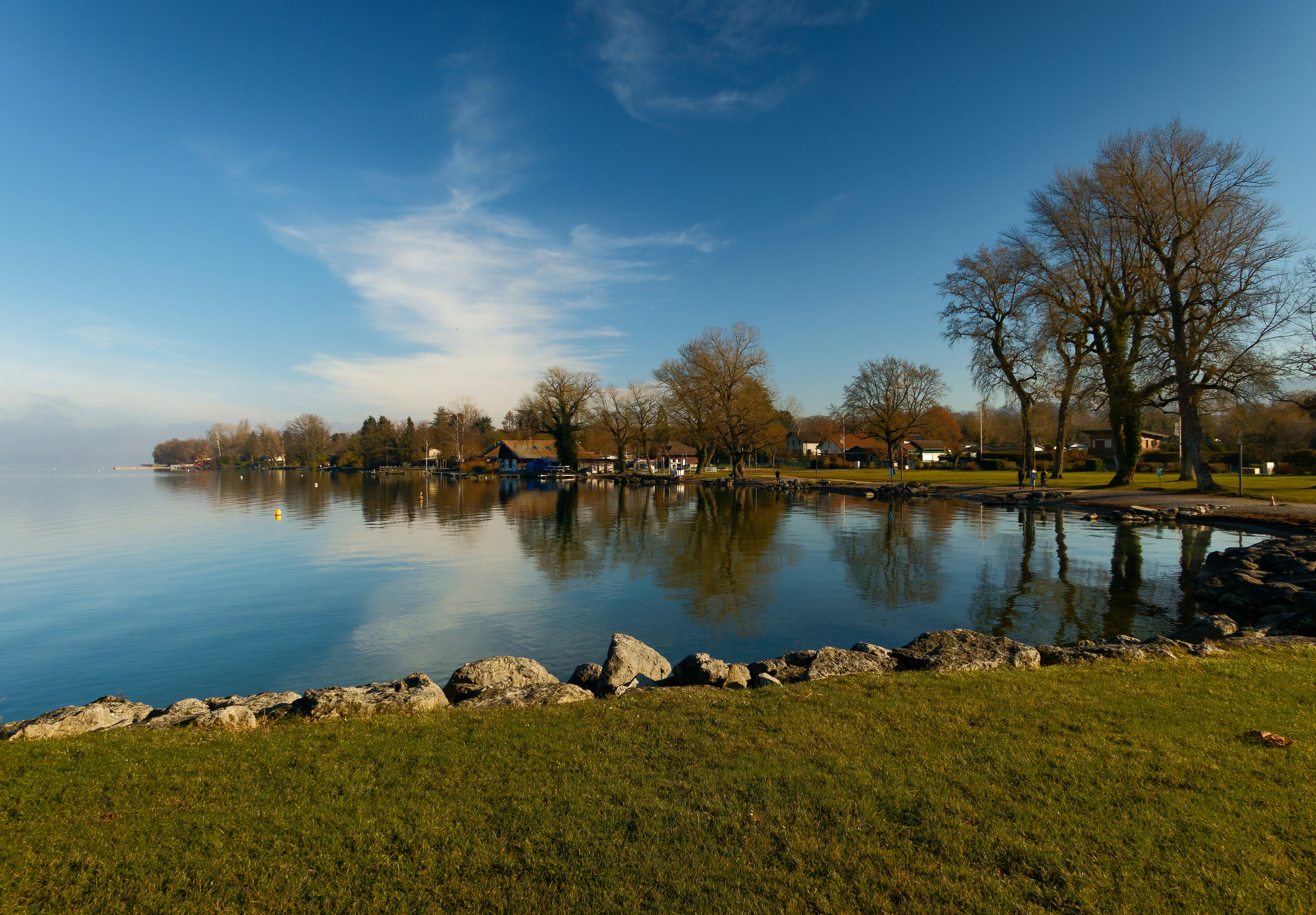 A large body of water sitting next to a lush green field