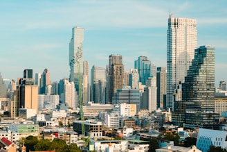 A view of a city with tall buildings