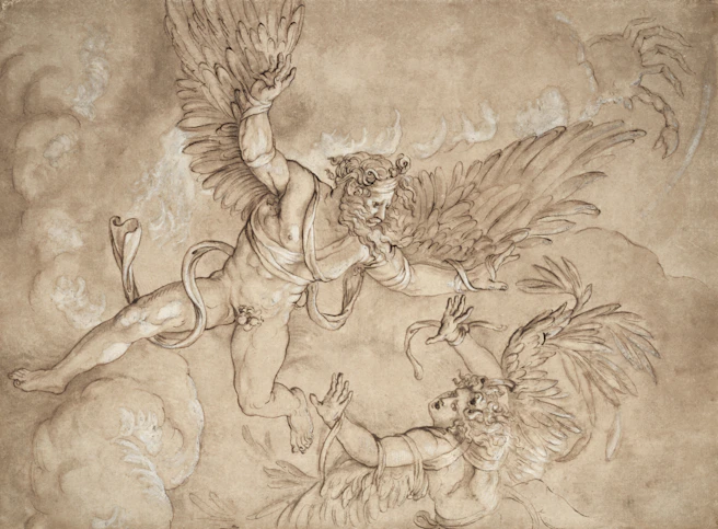 Two winged figures battle amidst clouds