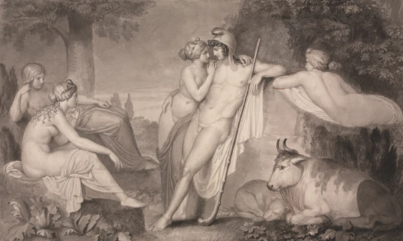 Classical figures in a pastoral landscape with a cow.