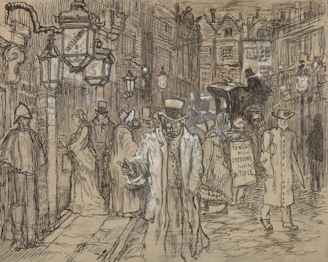 Victorian street scene with gas lamps and horse-drawn carriage.