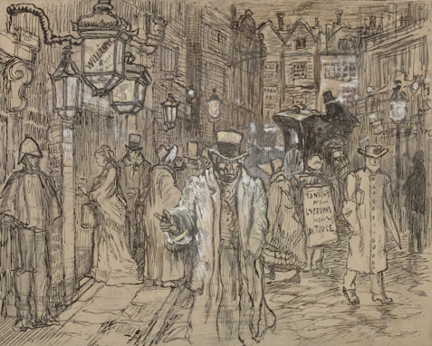 Victorian street scene with gas lamps and horse-drawn carriage.