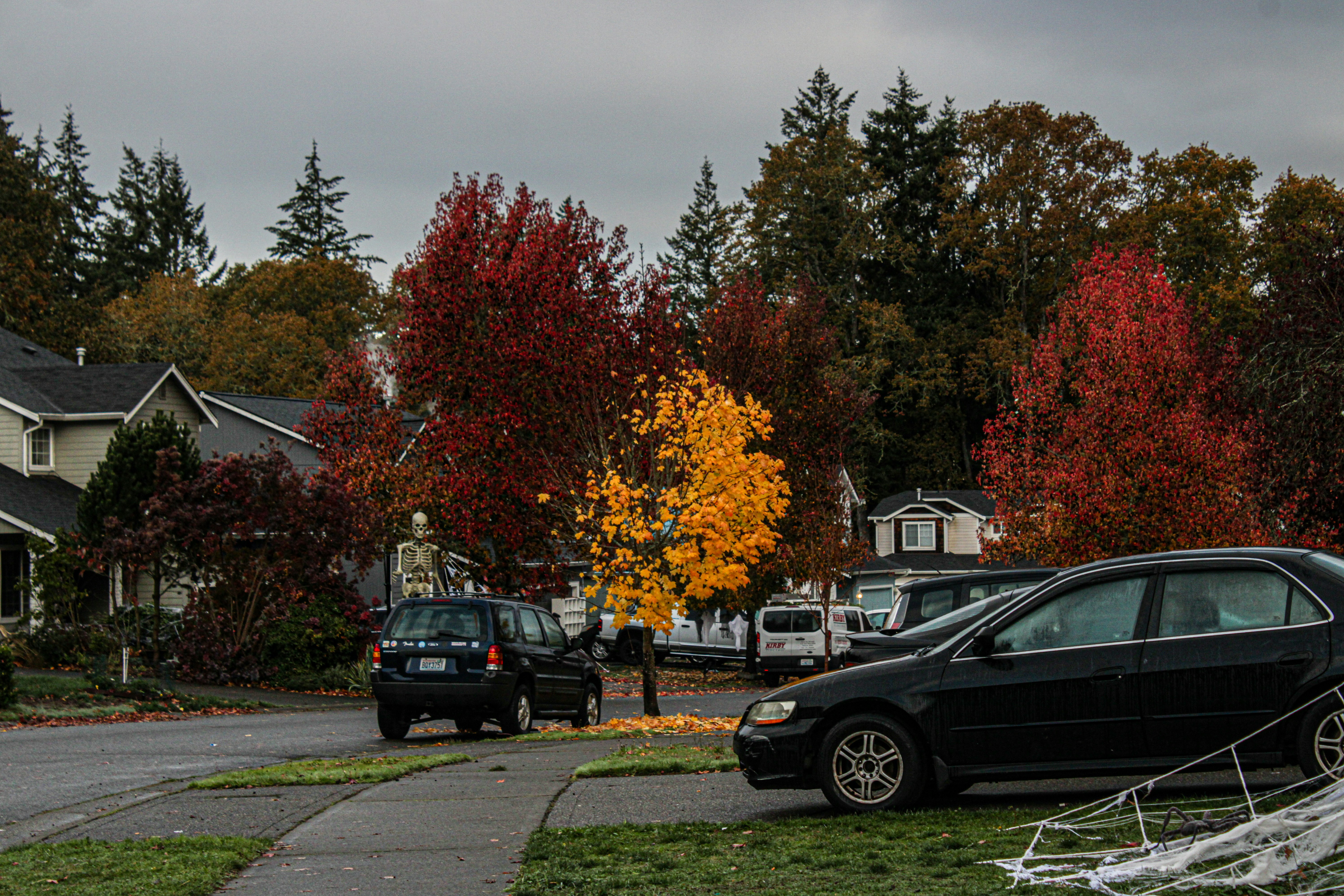Family standing near an electric car charging at home in a driveway