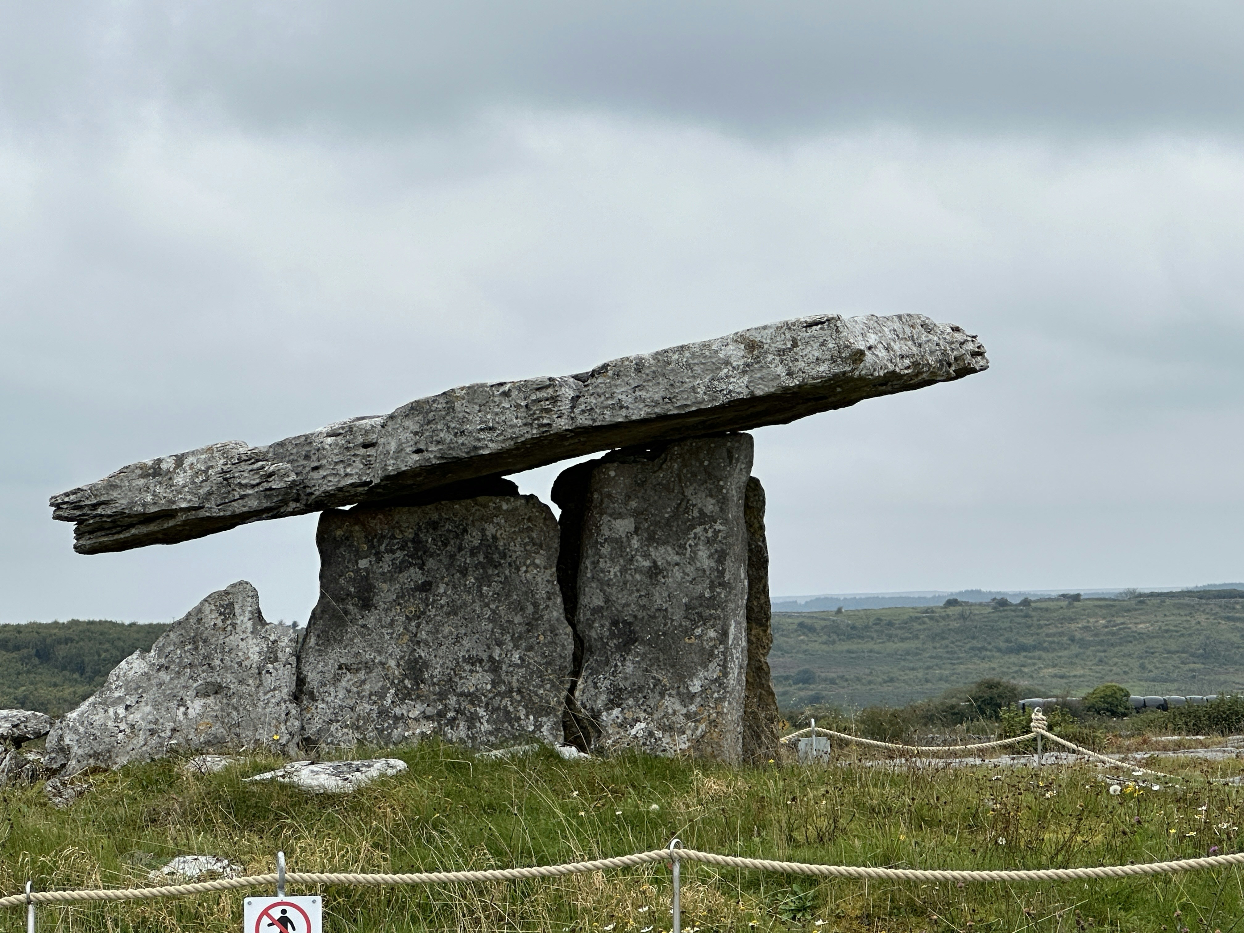 A stone bench sitting on top of a lush green field