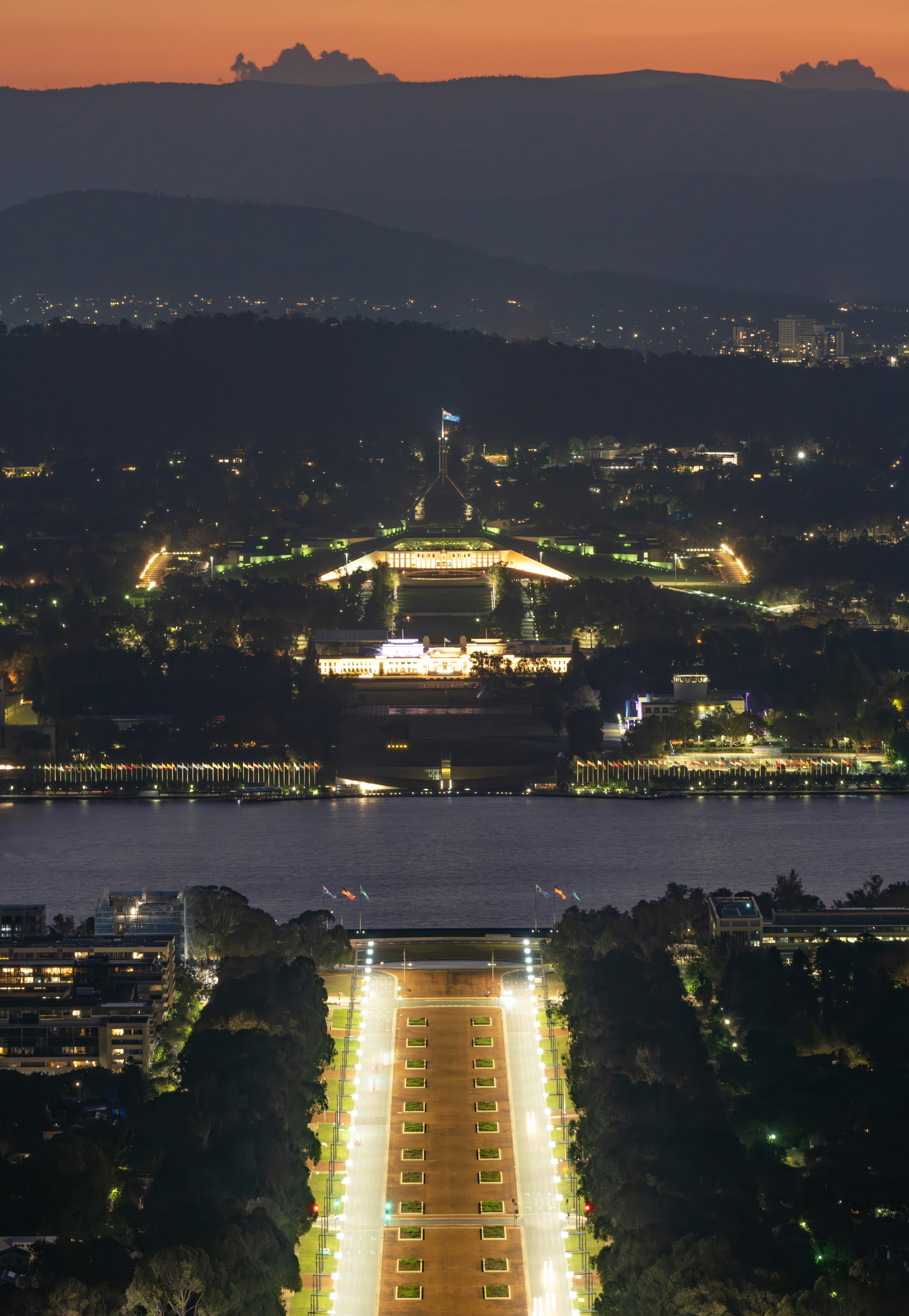 An aerial view of a city at night