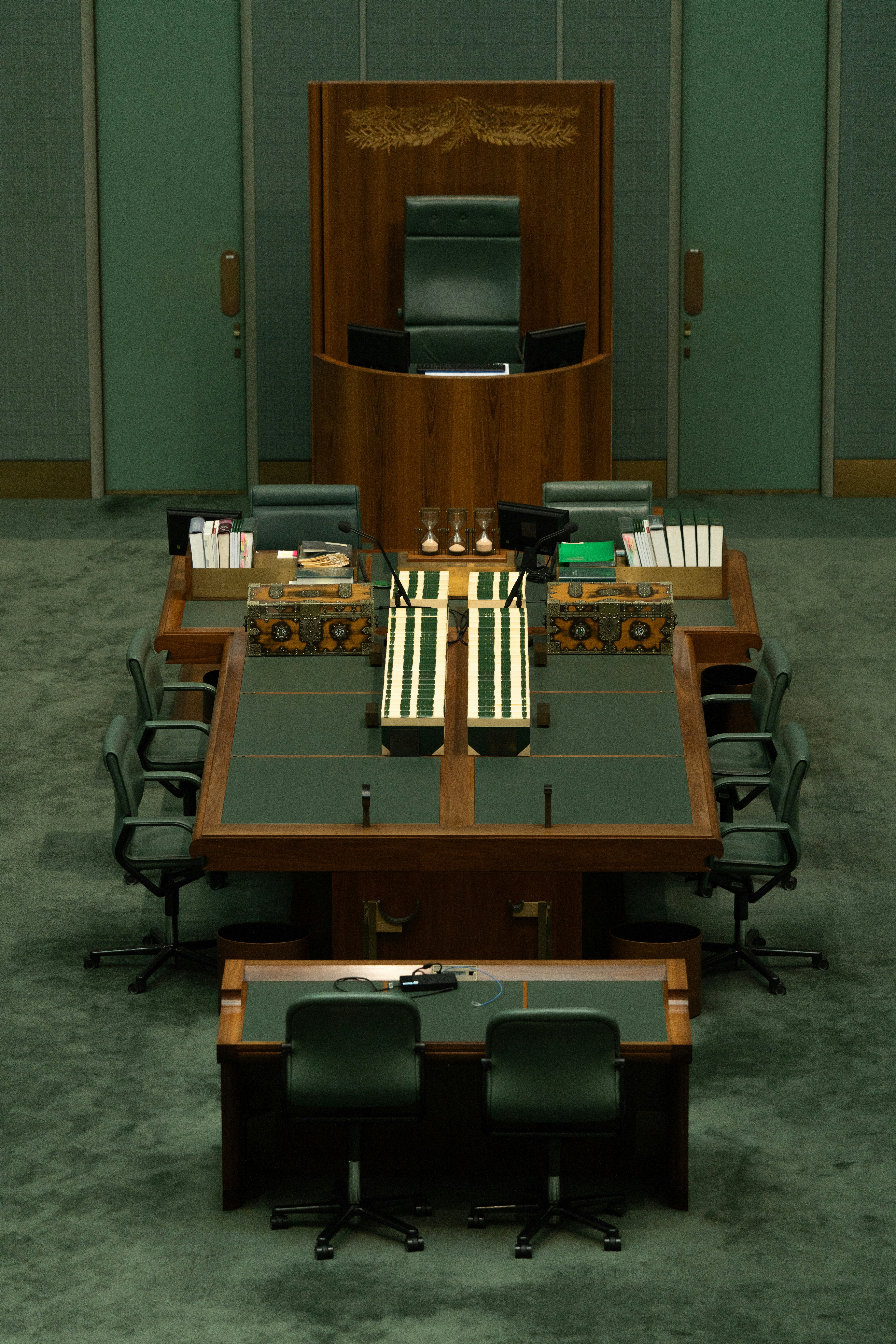 A large wooden table sitting in a room
