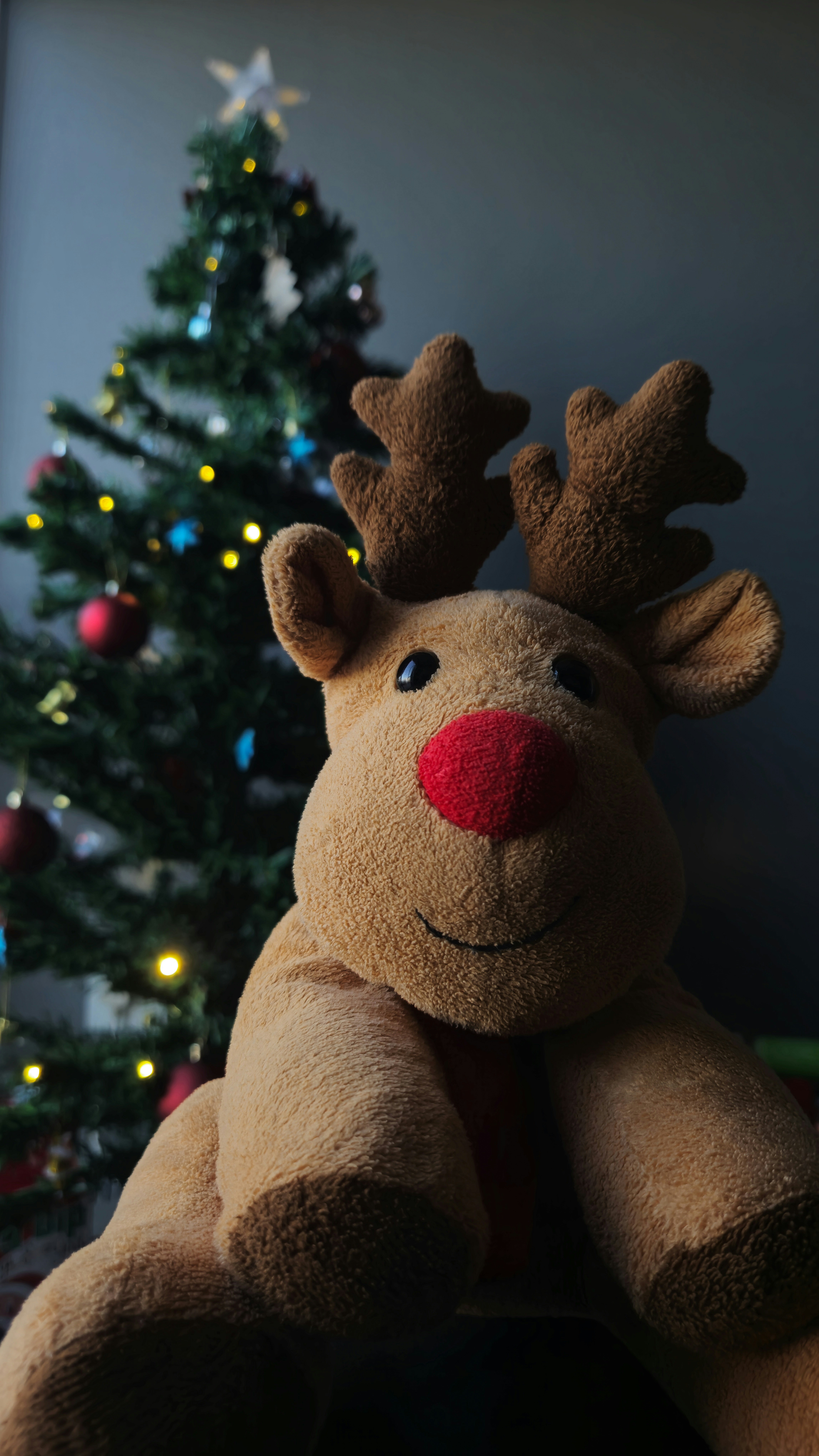 A stuffed reindeer sitting in front of a christmas tree
