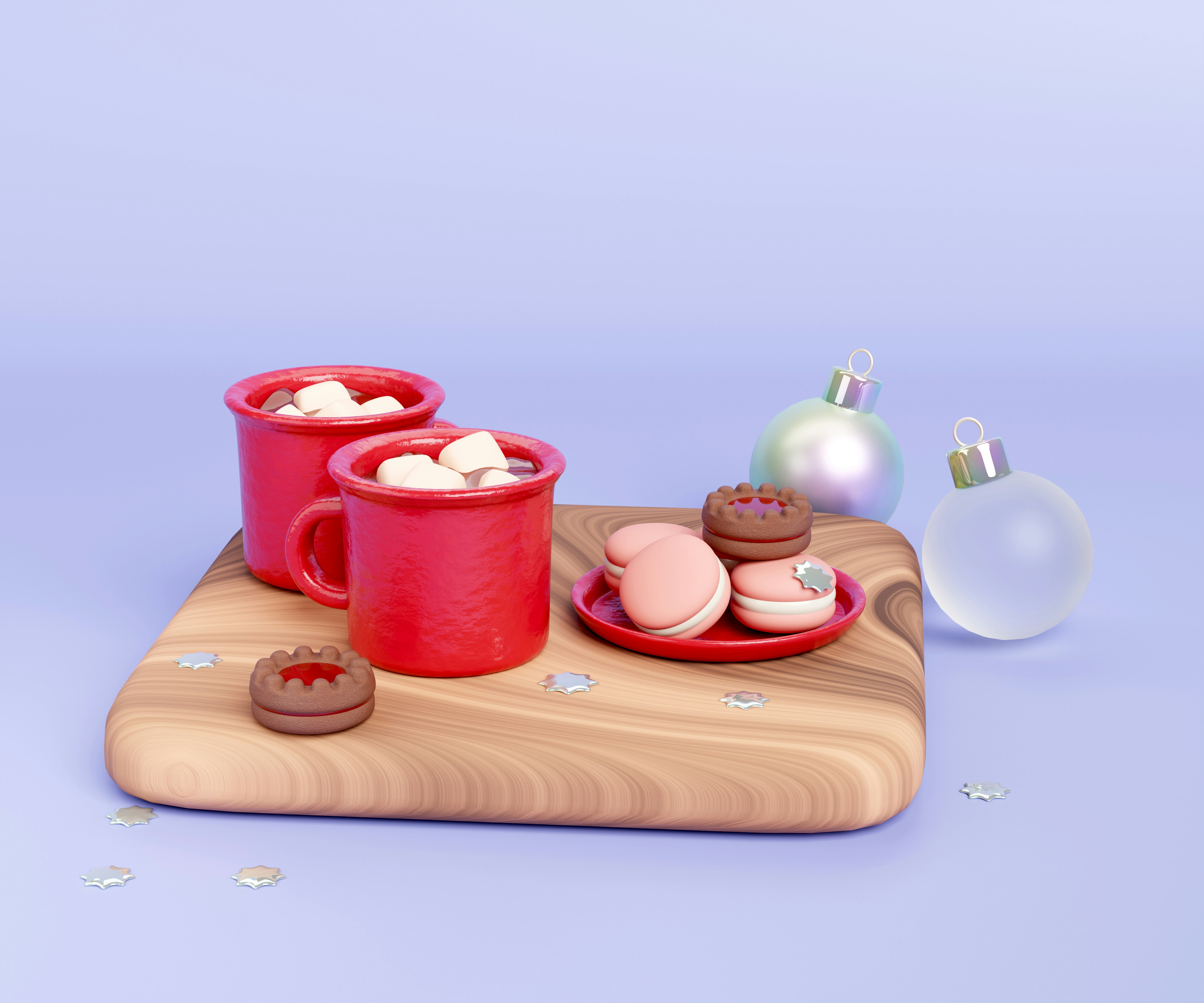 Ein Holztablett mit zwei Tassen heißer Schokolade