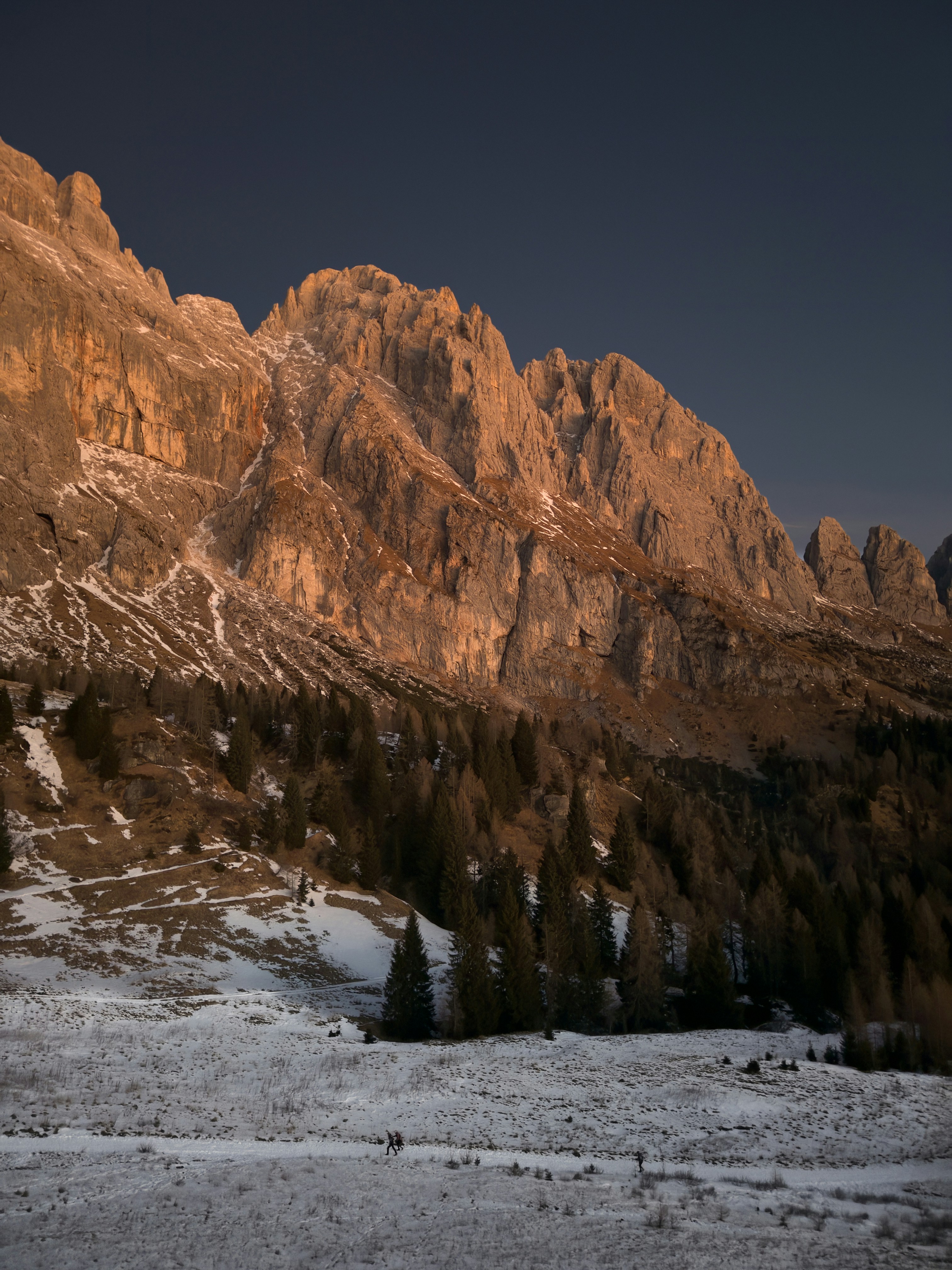 A snow covered mountain range with trees in the foreground