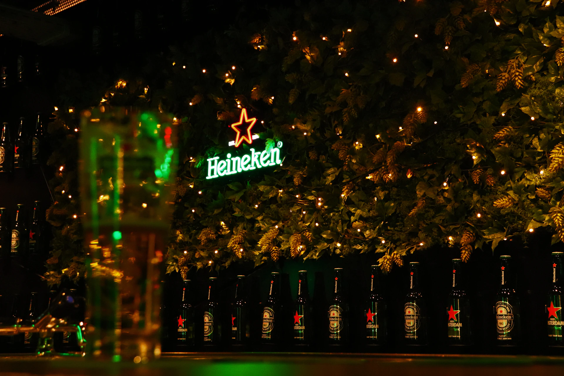 A glass of beer sitting in front of a christmas tree
