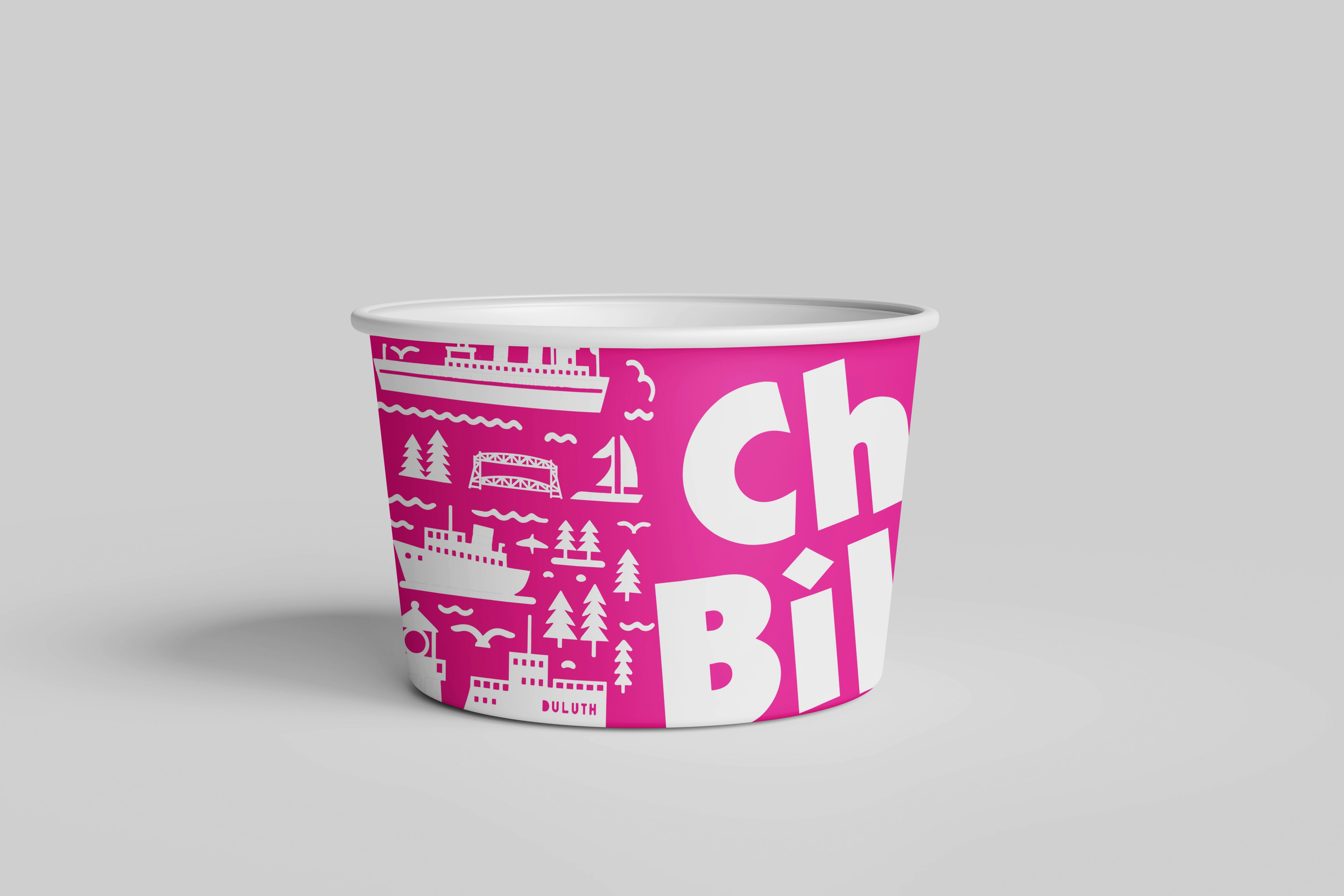 A pink cup with the words ch bill printed on it