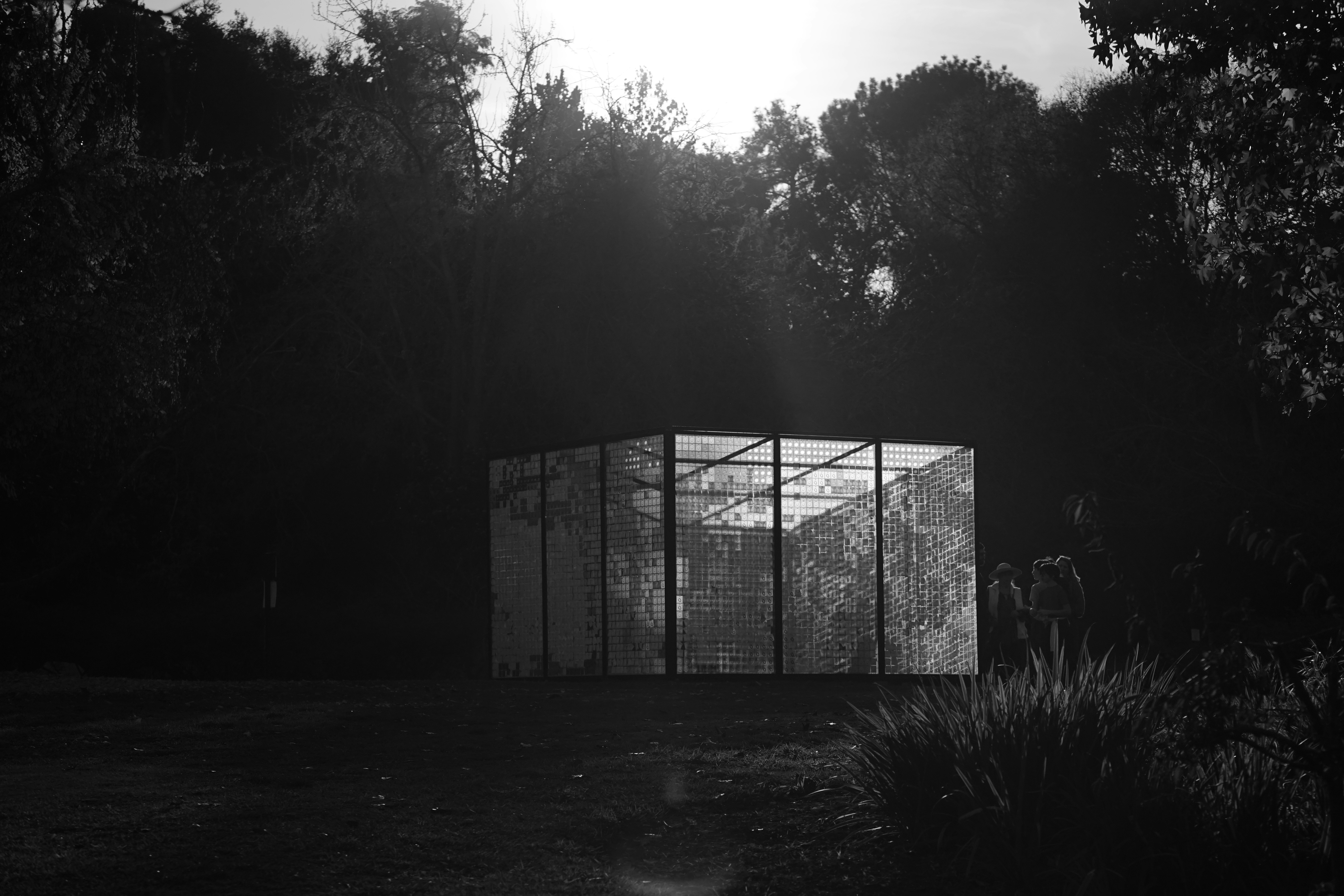 A black and white photo of a building in the woods